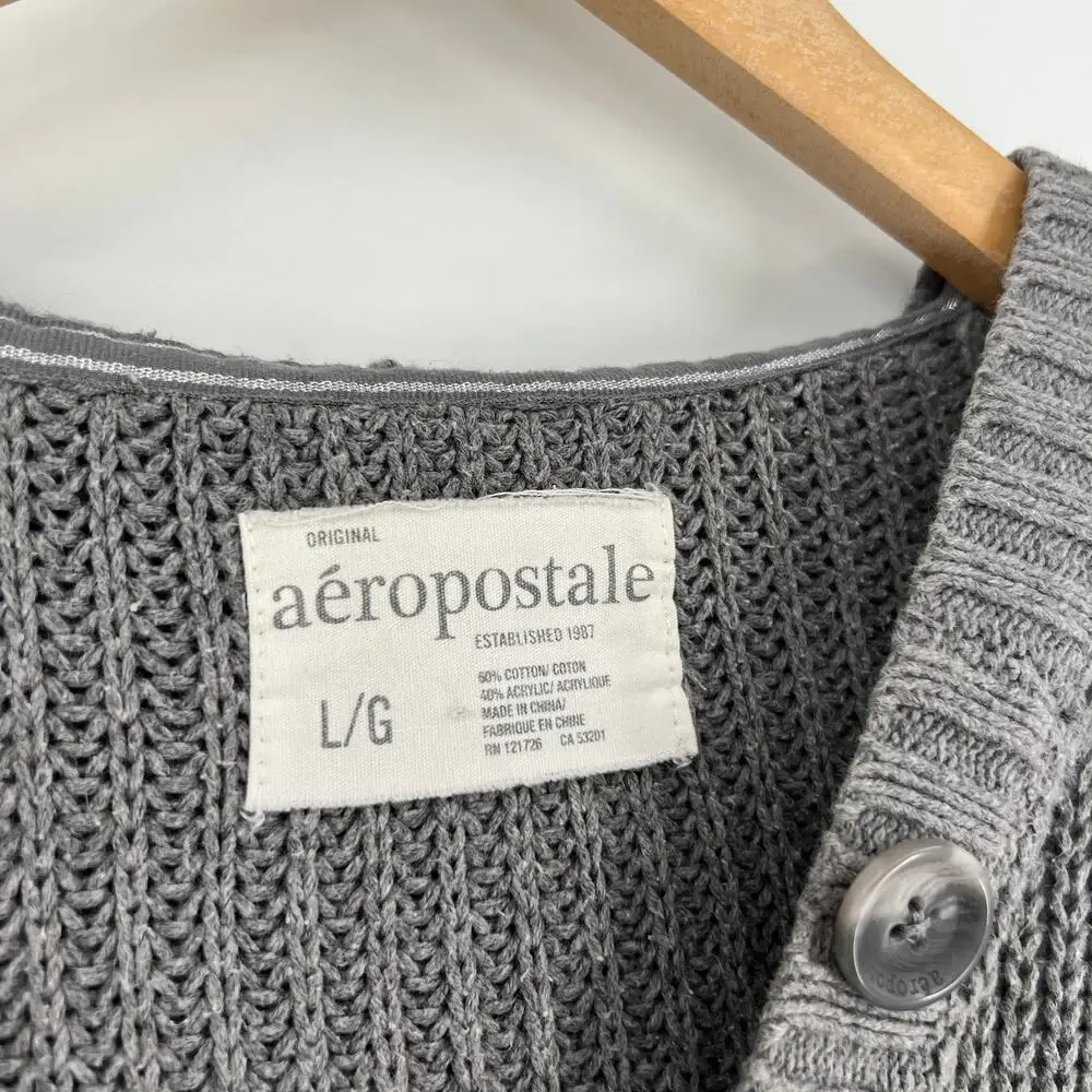 Y2k Aeropostale Gray Knit Hooded Cardigan Button Front Sweater Women’s Large - Picture 4 of 5